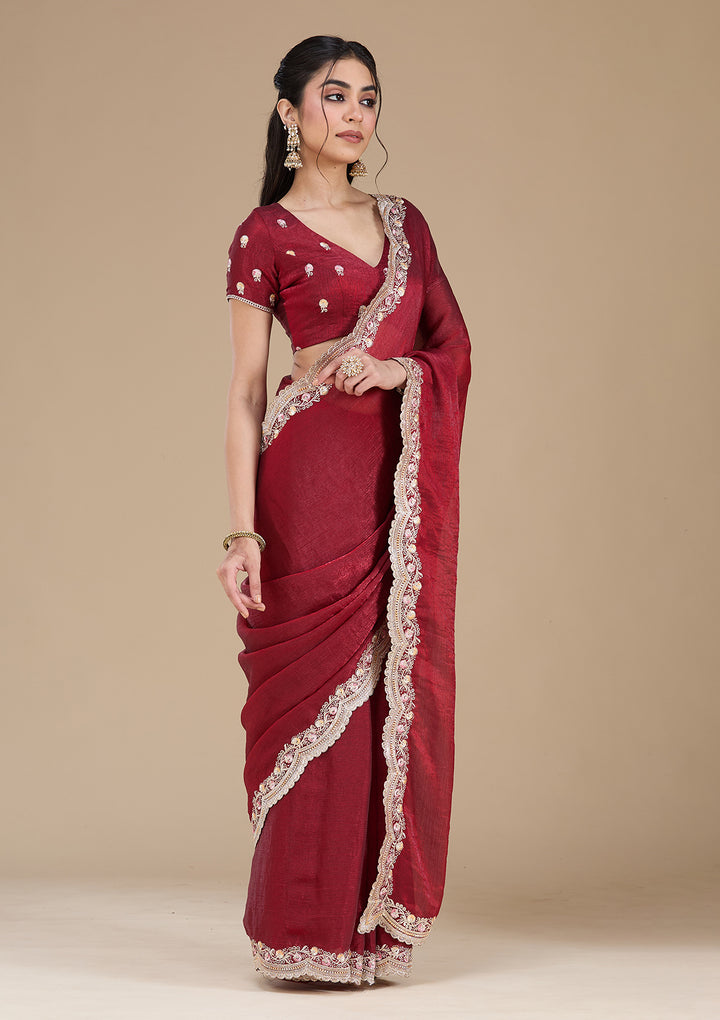 Maroon Tissue Gold Zariwork Saree With Matching Blouse Piece