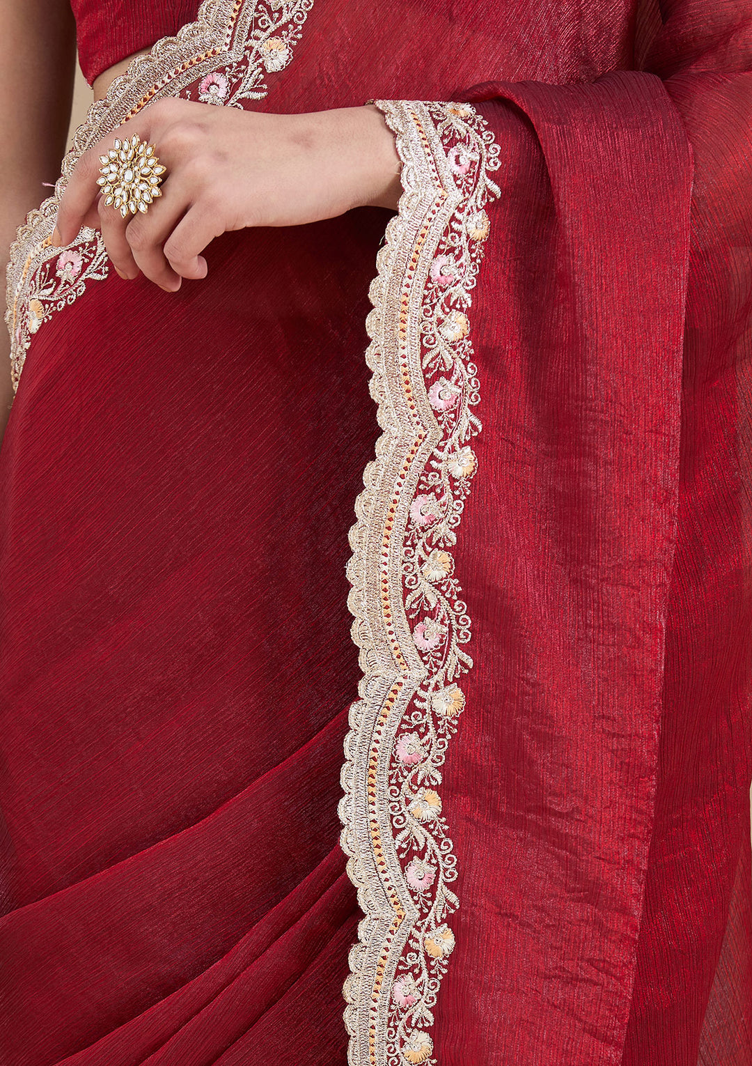 Maroon Tissue Gold Zariwork Saree With Matching Blouse Piece