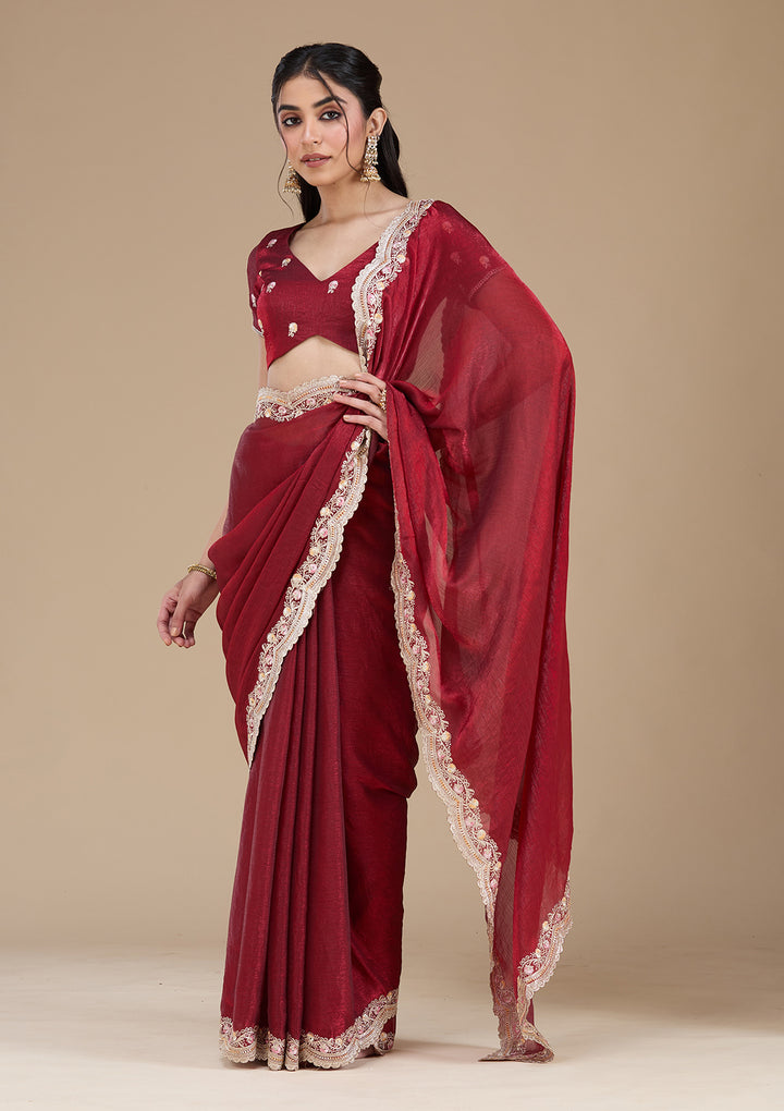 Maroon Tissue Gold Zariwork Saree With Matching Blouse Piece