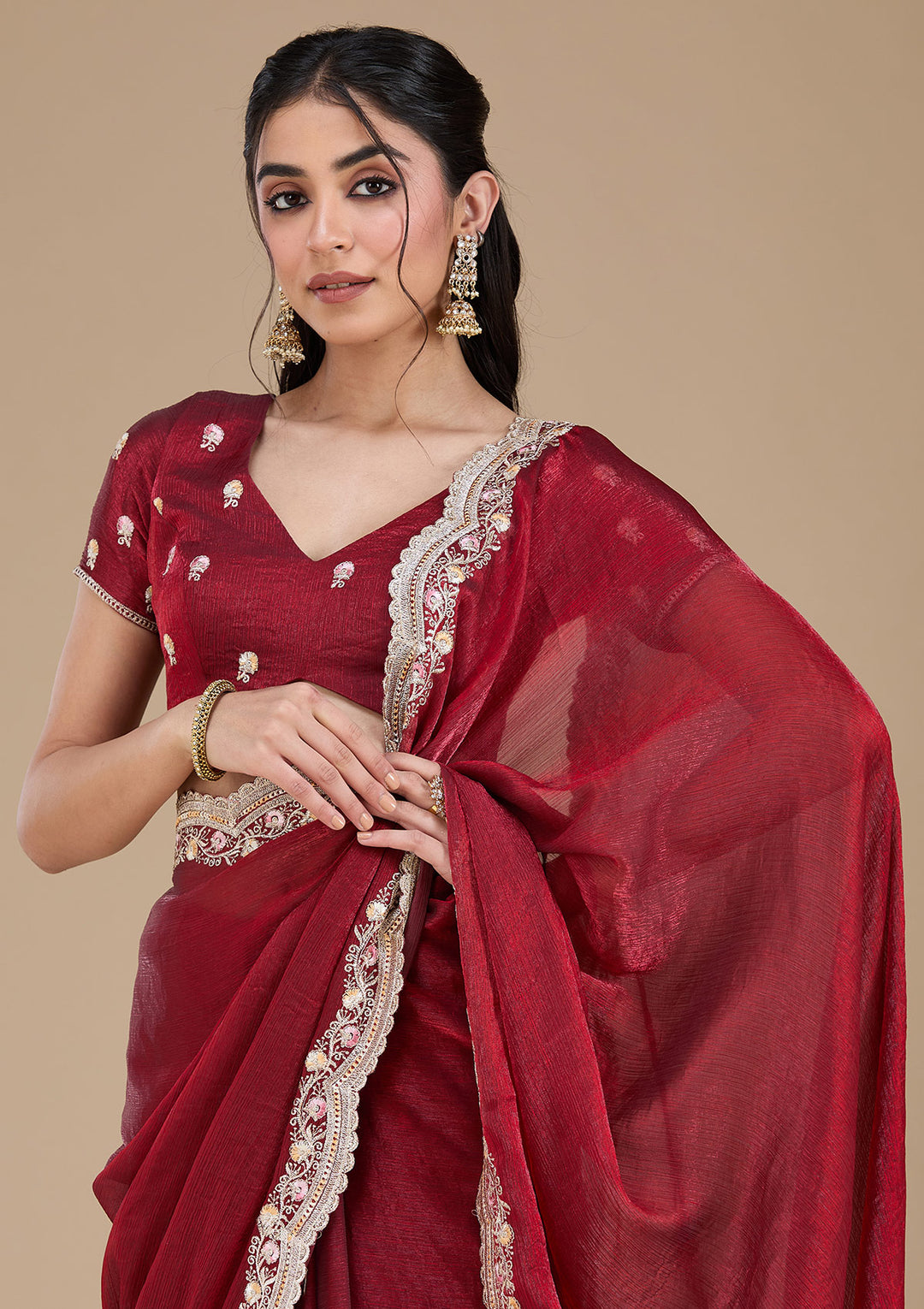 Maroon Tissue Gold Zariwork Saree With Matching Blouse Piece