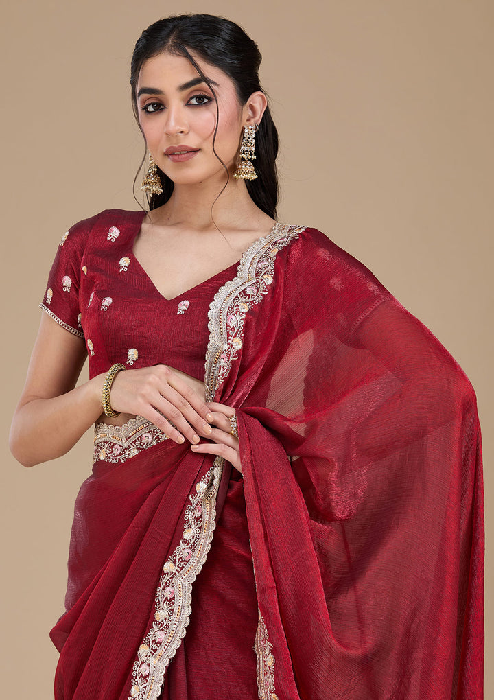 Maroon Tissue Gold Zariwork Saree With Matching Blouse Piece