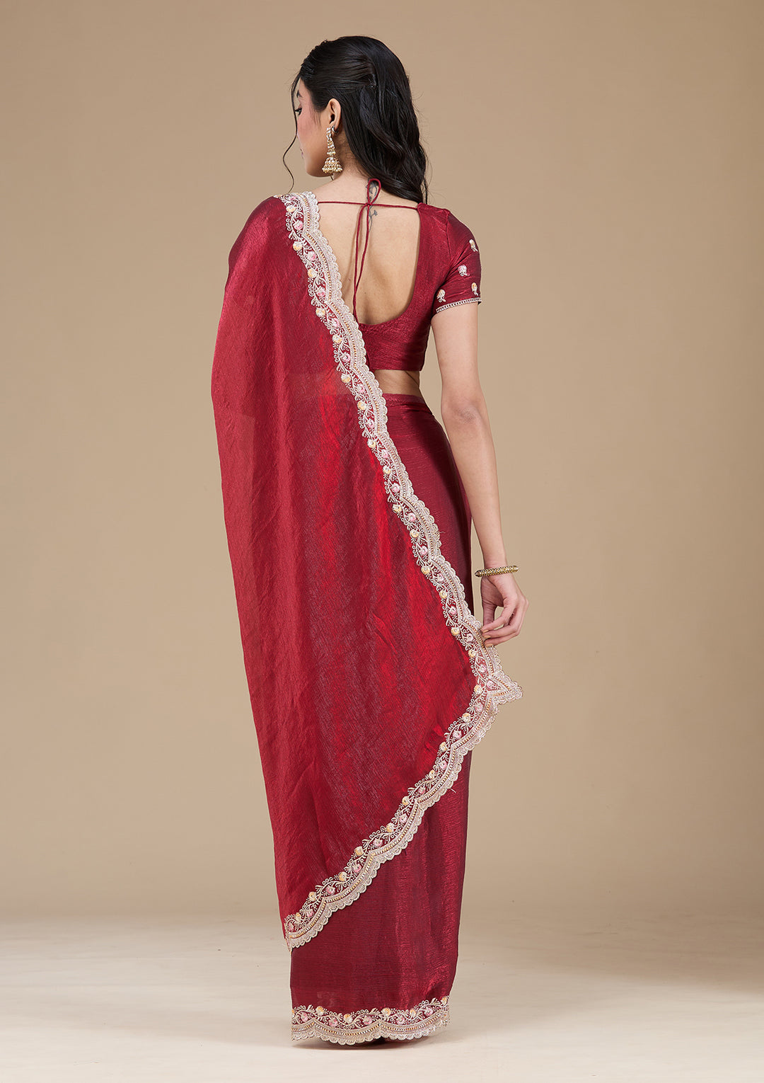 Maroon Tissue Gold Zariwork Saree With Matching Blouse Piece