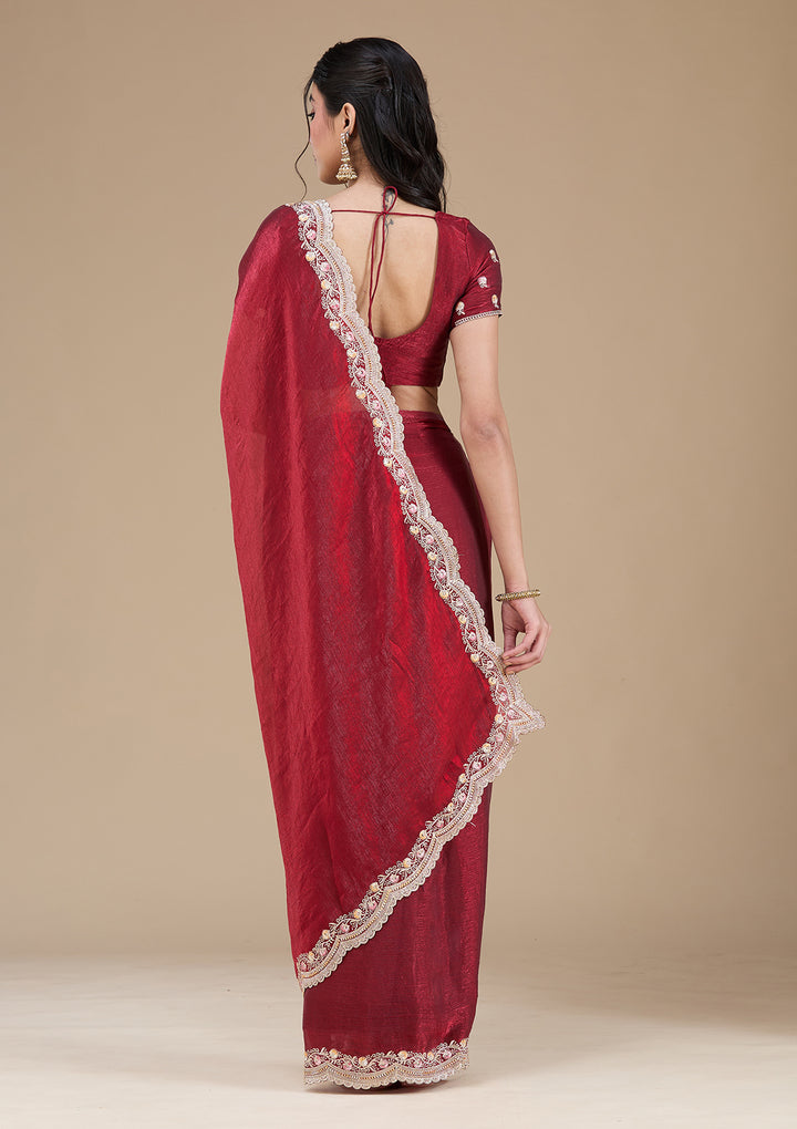 Maroon Tissue Gold Zariwork Saree With Matching Blouse Piece