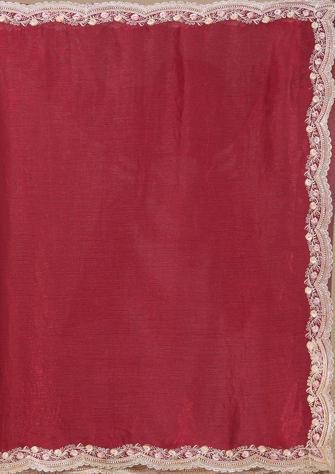 Maroon Tissue Gold Zariwork Saree With Matching Blouse Piece