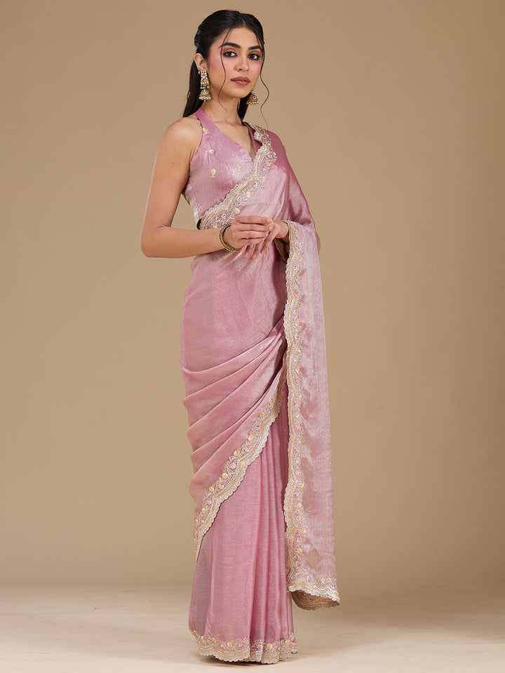 Onion Pink Zariwork (Gold) Tissue Saree