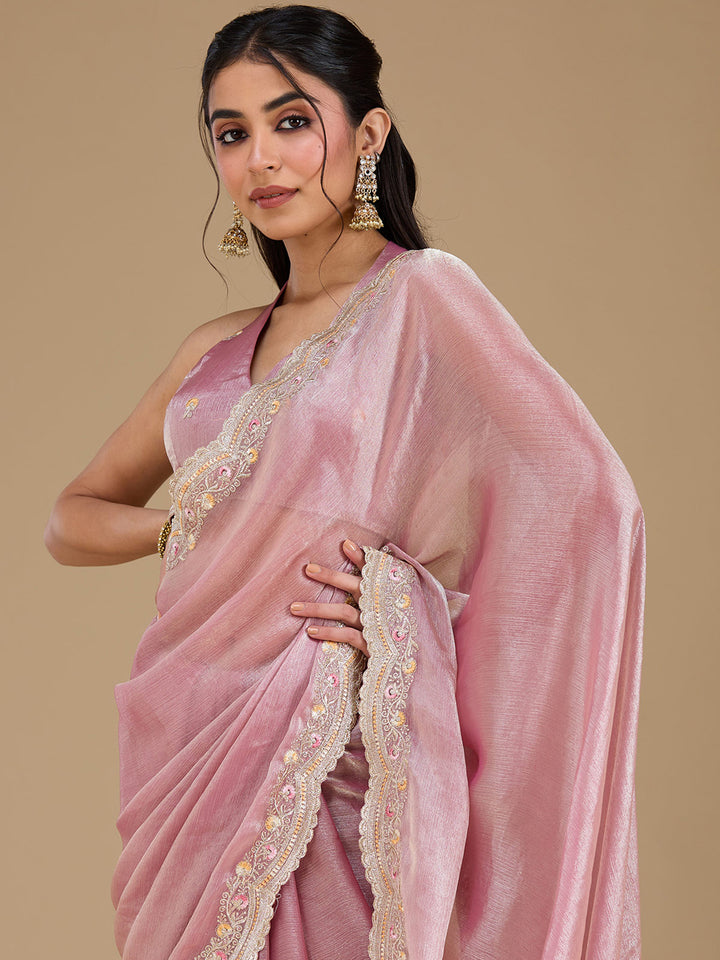 Onion Pink Zariwork (Gold) Tissue Saree