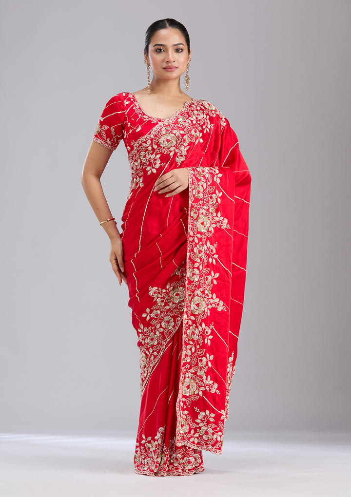 Red Satin Sequins Saree With Matching Blouse Piece