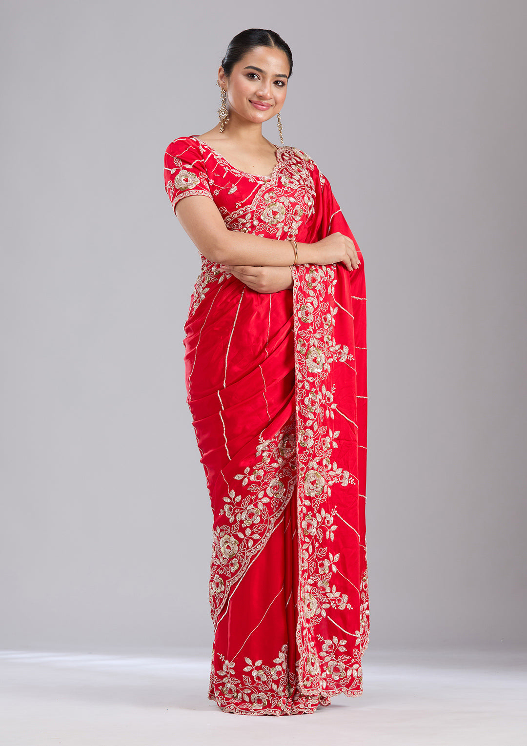 Red Satin Sequins Saree With Matching Blouse Piece