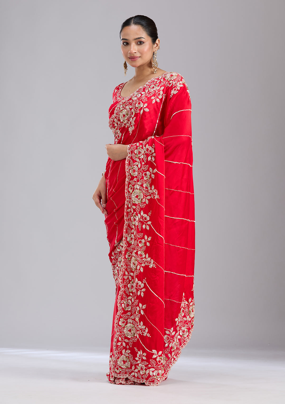 Red Satin Sequins Saree With Matching Blouse Piece