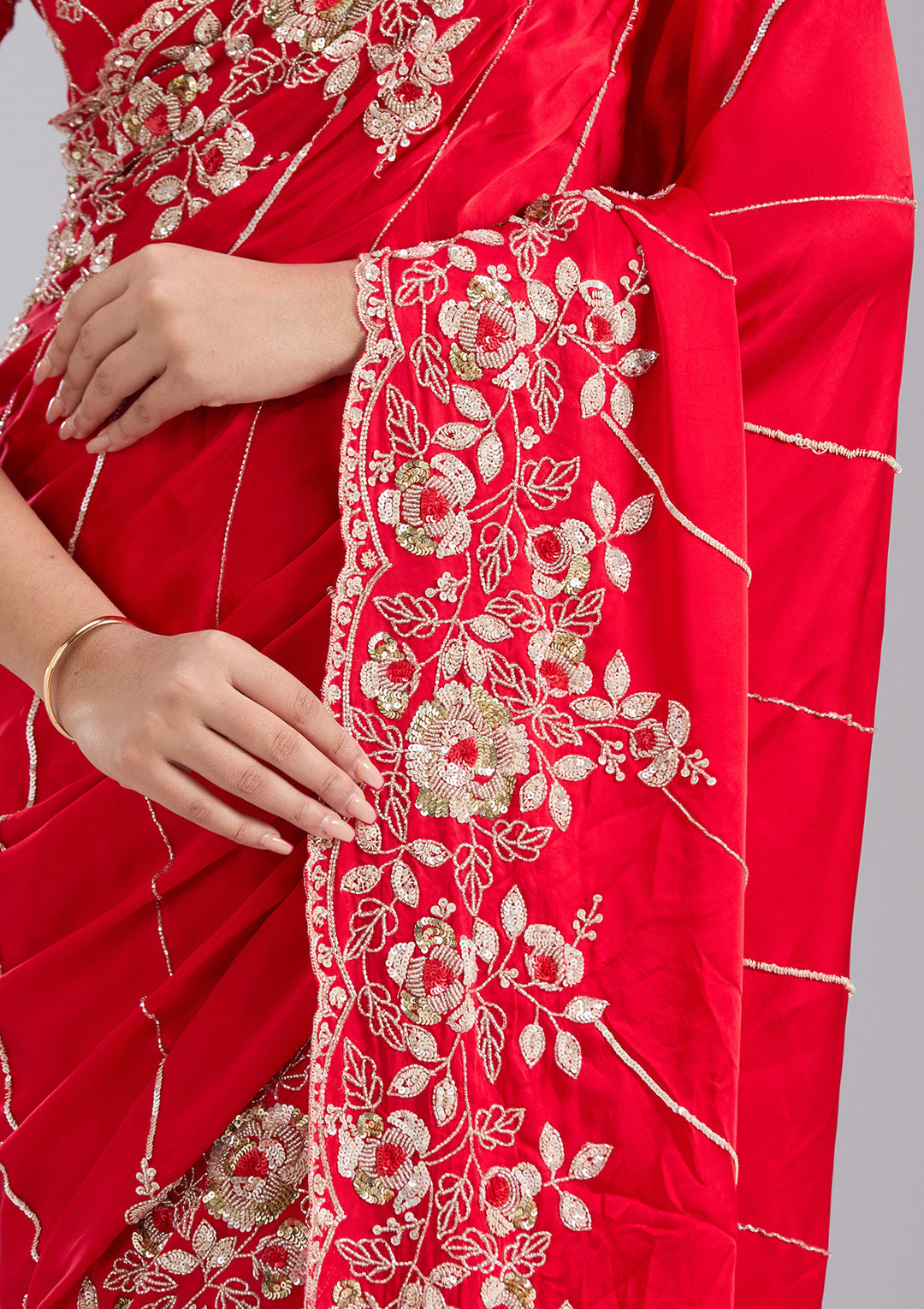 Red Satin Sequins Saree With Matching Blouse Piece