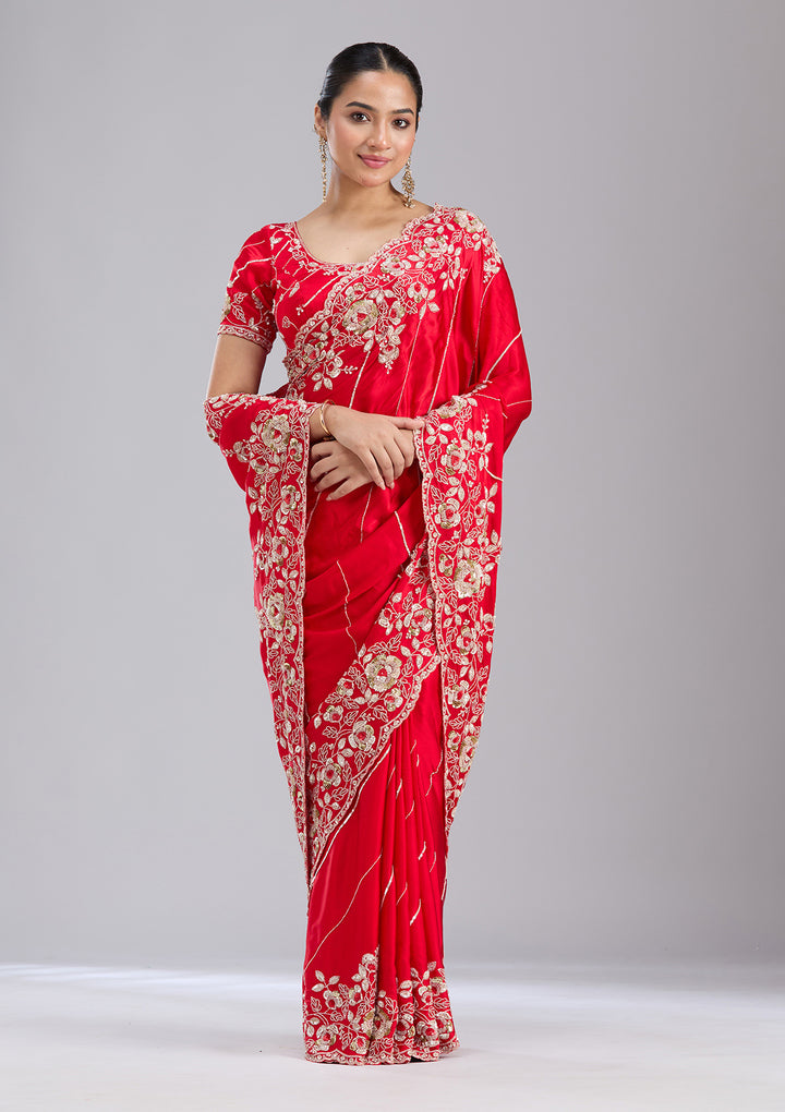 Red Satin Sequins Saree With Matching Blouse Piece
