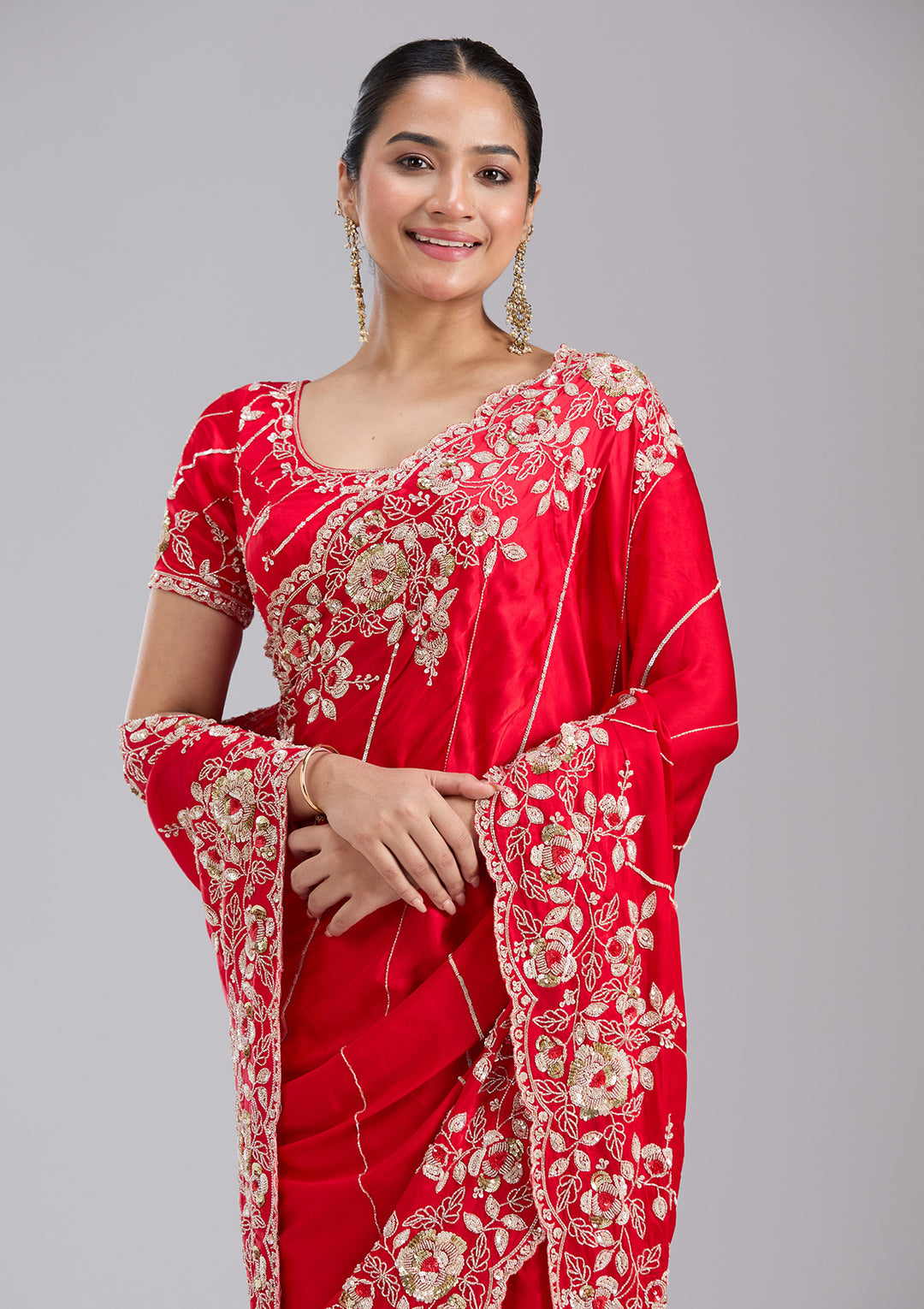 Red Satin Sequins Saree With Matching Blouse Piece