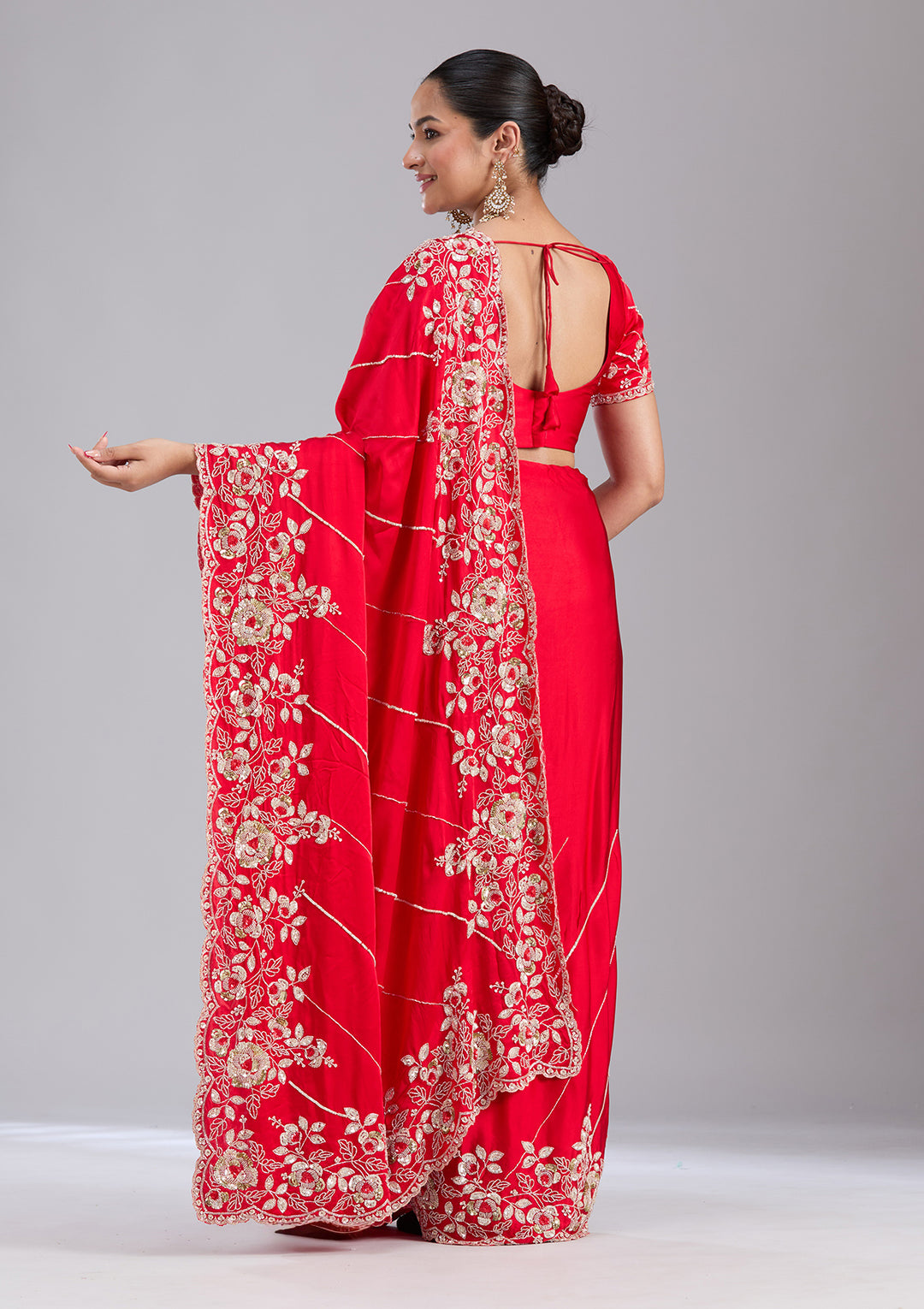 Red Satin Sequins Saree With Matching Blouse Piece