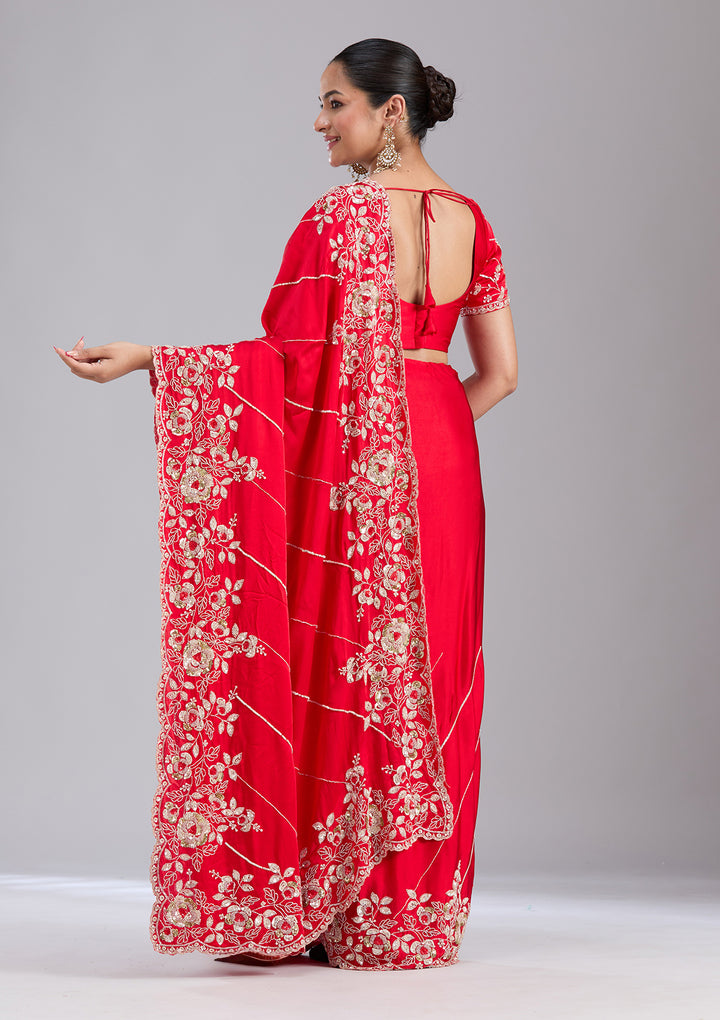 Red Satin Sequins Saree With Matching Blouse Piece