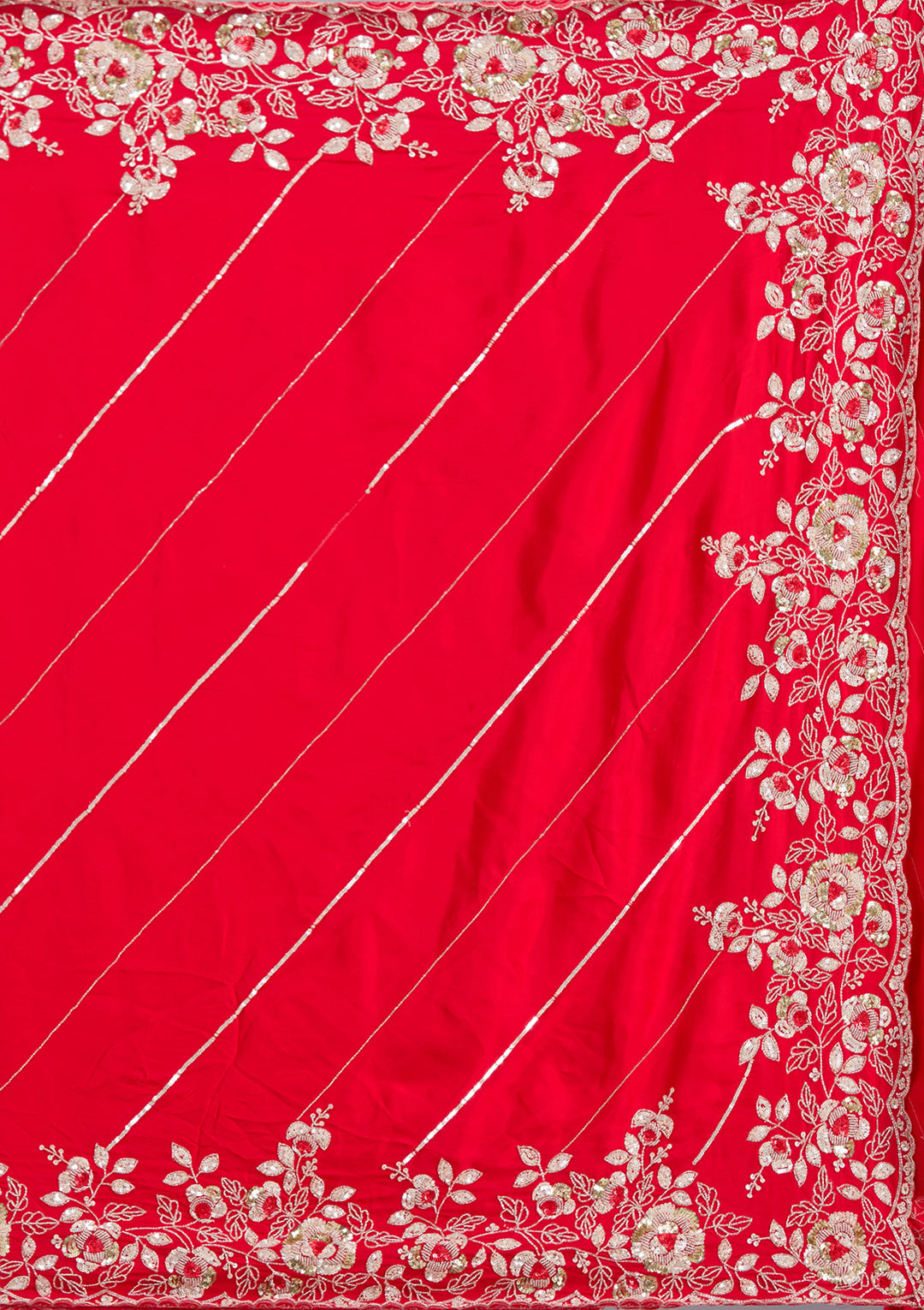Red Satin Sequins Saree With Matching Blouse Piece