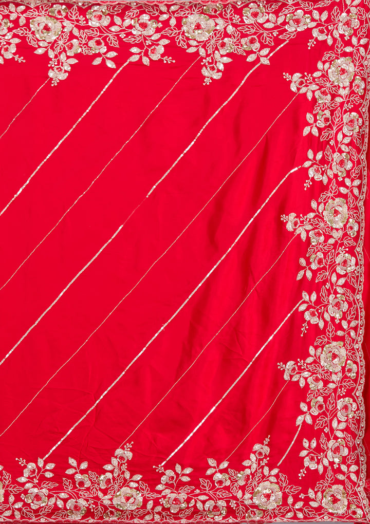 Red Satin Sequins Saree With Matching Blouse Piece