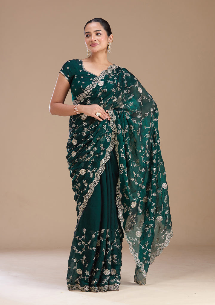 Bottle Green Georgette Gold Zariwork Saree With Matching Blouse Piece