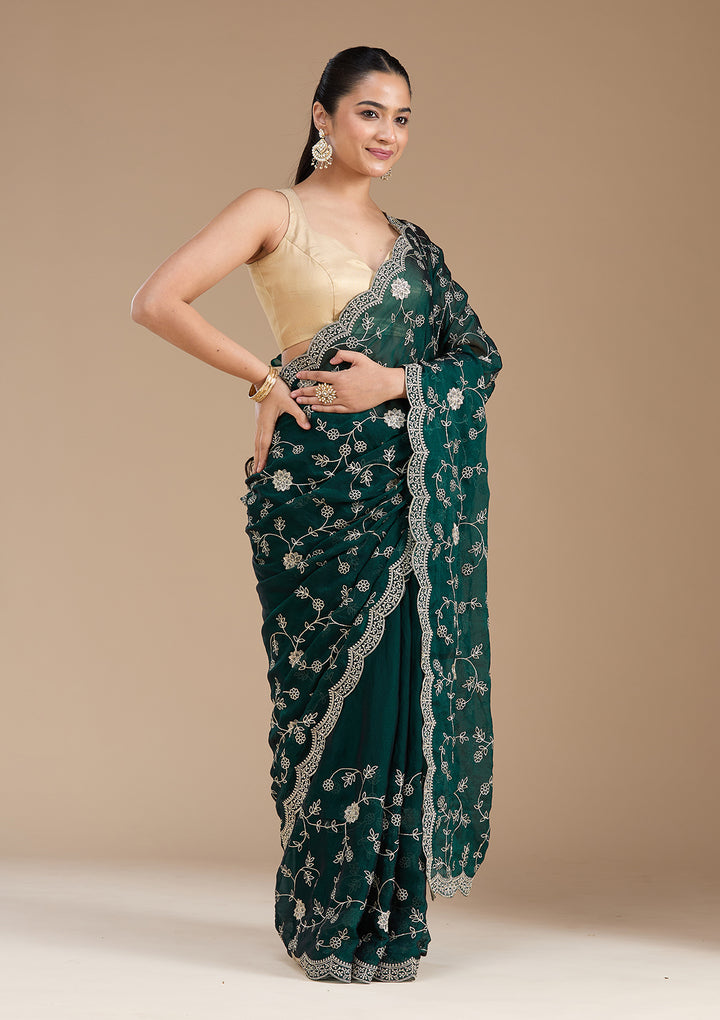 Bottle Green Georgette Gold Zariwork Saree With Matching Blouse Piece