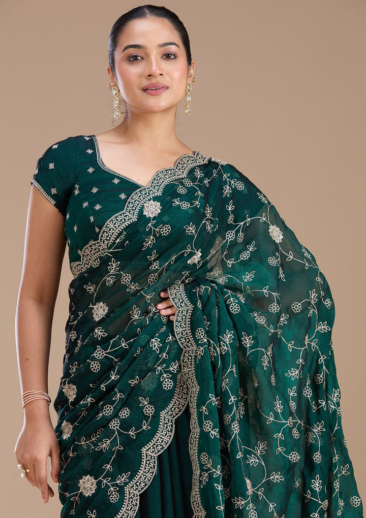 Bottle Green Georgette Gold Zariwork Saree With Matching Blouse Piece