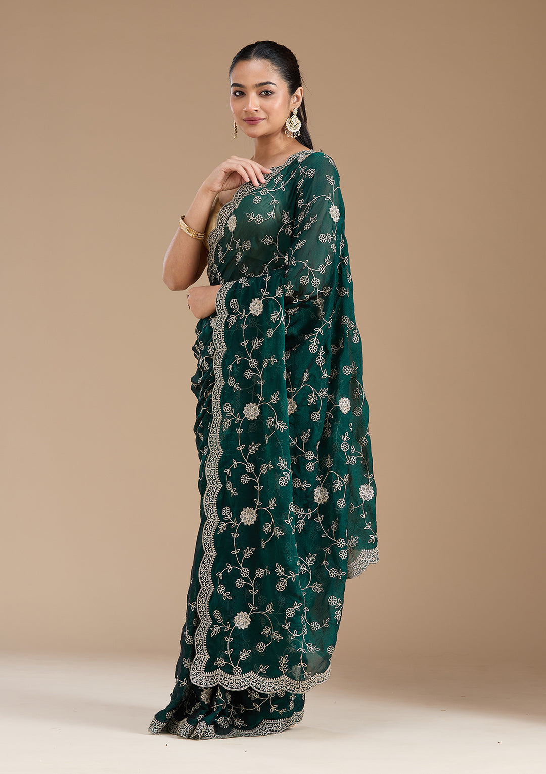 Bottle Green Georgette Gold Zariwork Saree With Matching Blouse Piece