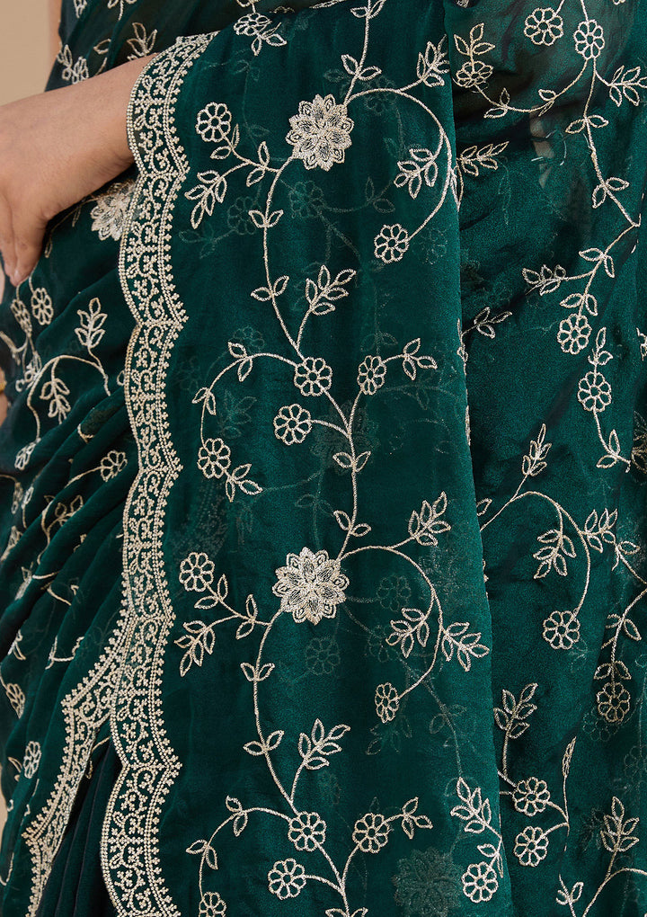 Bottle Green Georgette Gold Zariwork Saree With Matching Blouse Piece