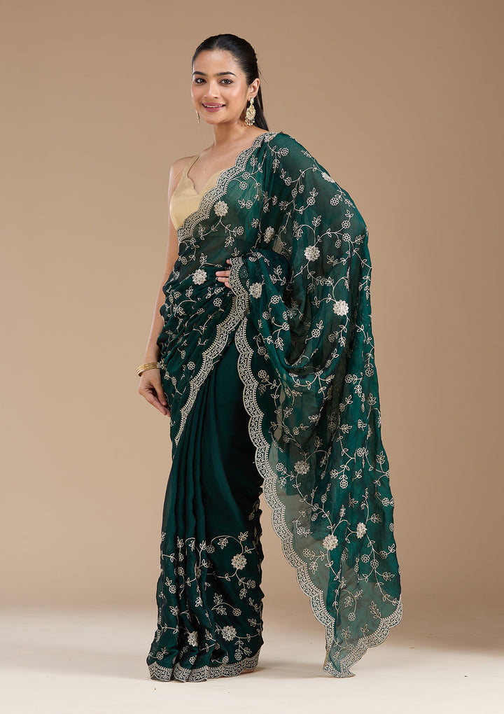 Bottle Green Georgette Gold Zariwork Saree With Matching Blouse Piece