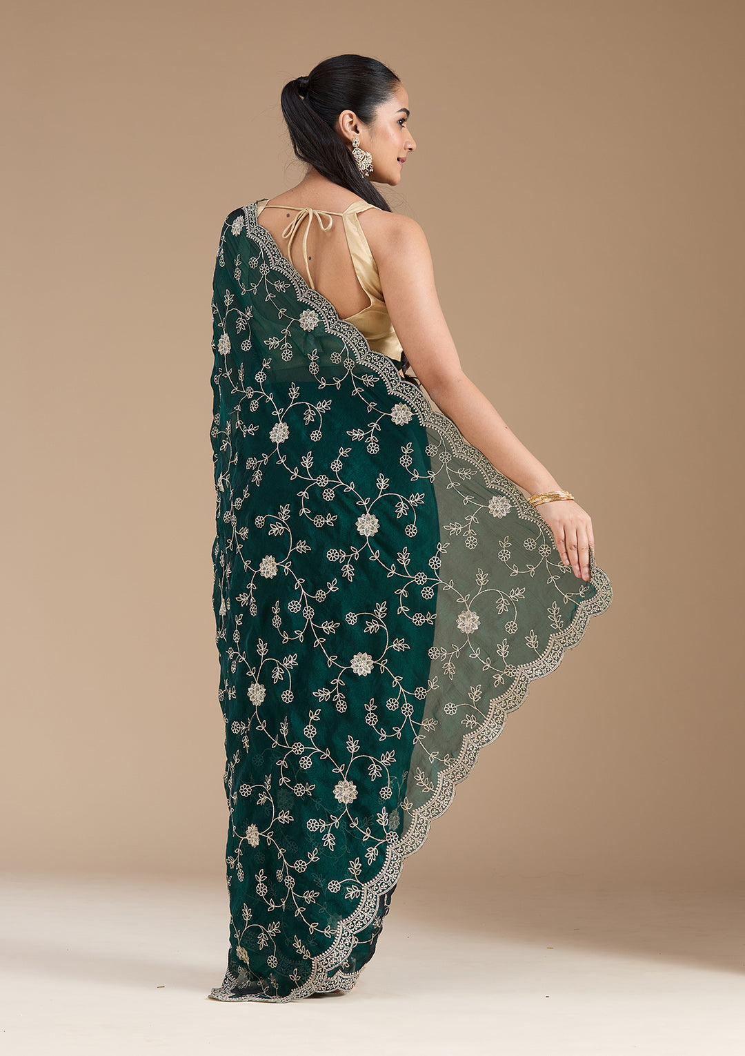 Bottle Green Georgette Gold Zariwork Saree With Matching Blouse Piece