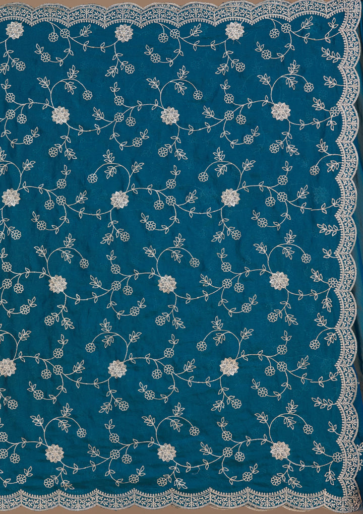 Peacock Blue Georgette Gold Zariwork Saree With Matching Blouse Piece