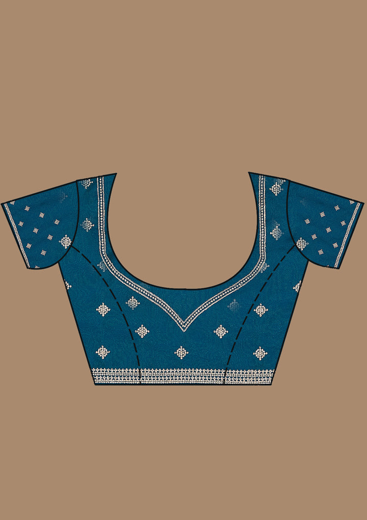 Peacock Blue Georgette Gold Zariwork Saree With Matching Blouse Piece