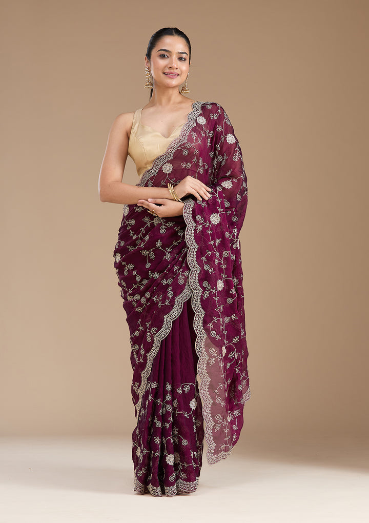 Wine Georgette Gold Zariwork Saree With Matching Blouse Piece