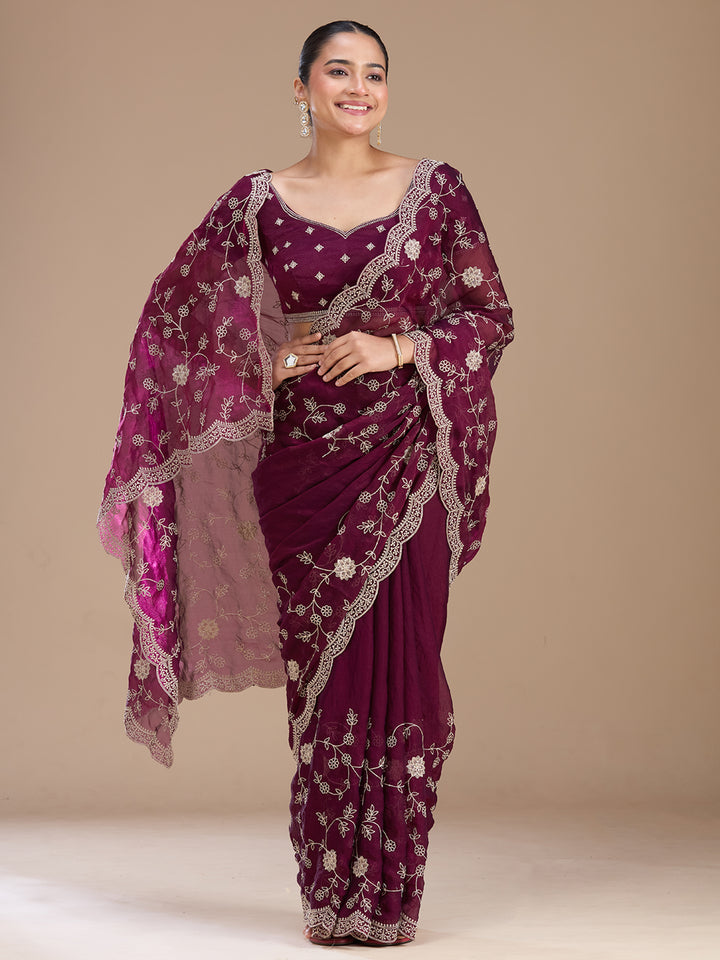 Wine Georgette Gold Zariwork Saree With Matching Blouse Piece