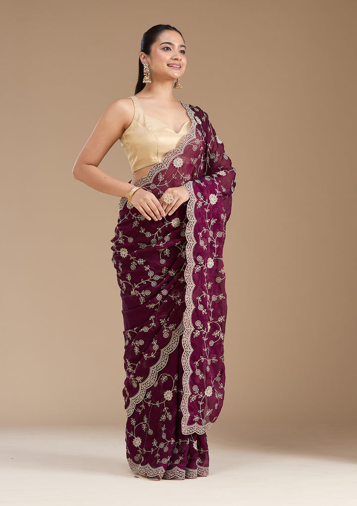 Wine Georgette Gold Zariwork Saree With Matching Blouse Piece