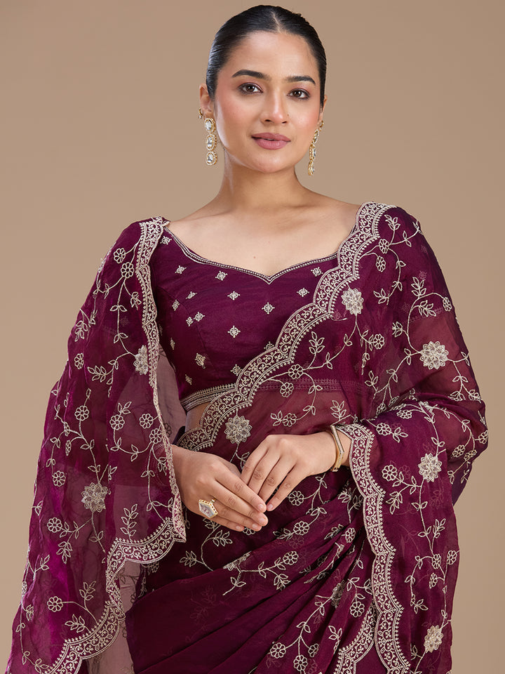 Wine Georgette Gold Zariwork Saree With Matching Blouse Piece