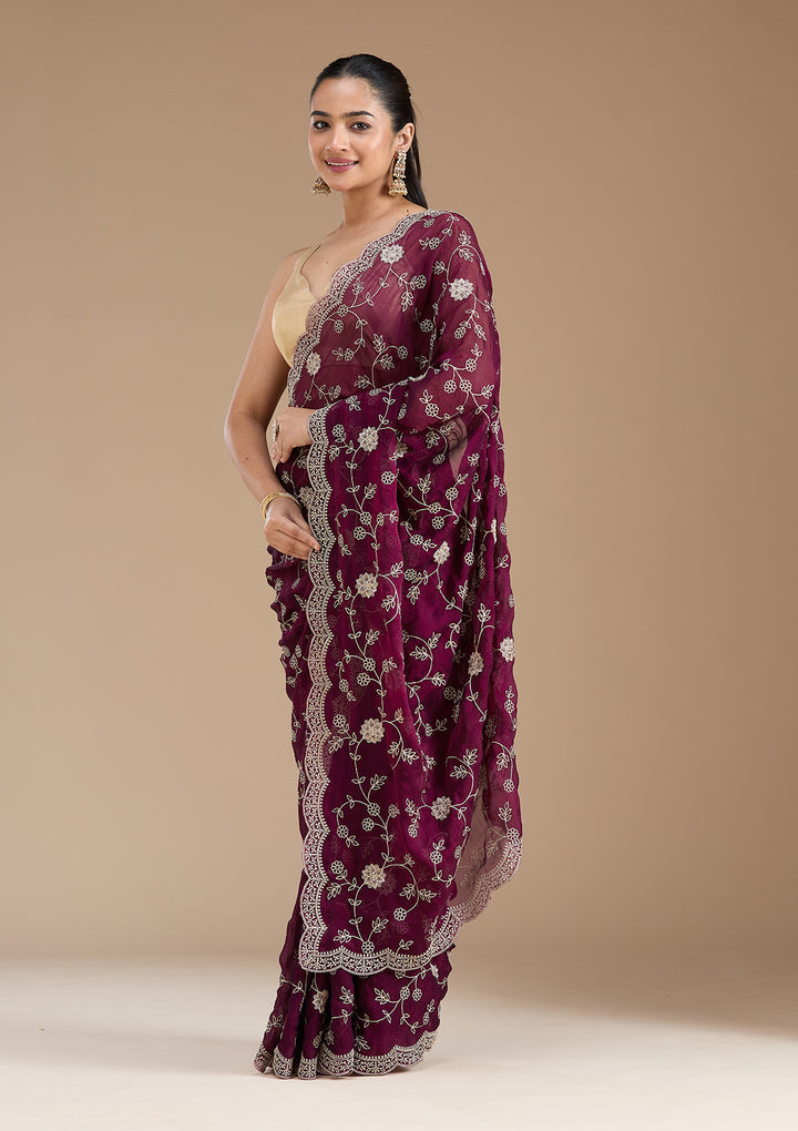 Wine Georgette Gold Zariwork Saree With Matching Blouse Piece