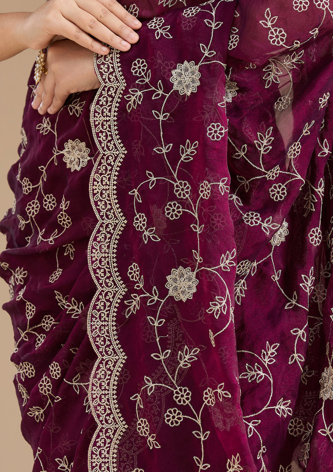 Wine Georgette Gold Zariwork Saree With Matching Blouse Piece