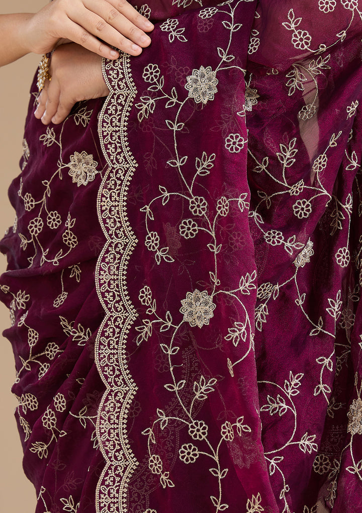 Wine Georgette Gold Zariwork Saree With Matching Blouse Piece