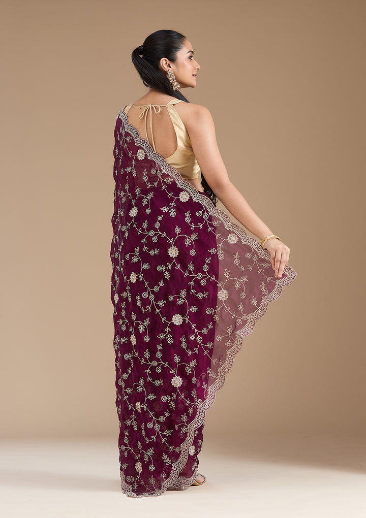 Wine Georgette Gold Zariwork Saree With Matching Blouse Piece