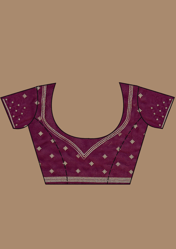 Wine Georgette Gold Zariwork Saree With Matching Blouse Piece