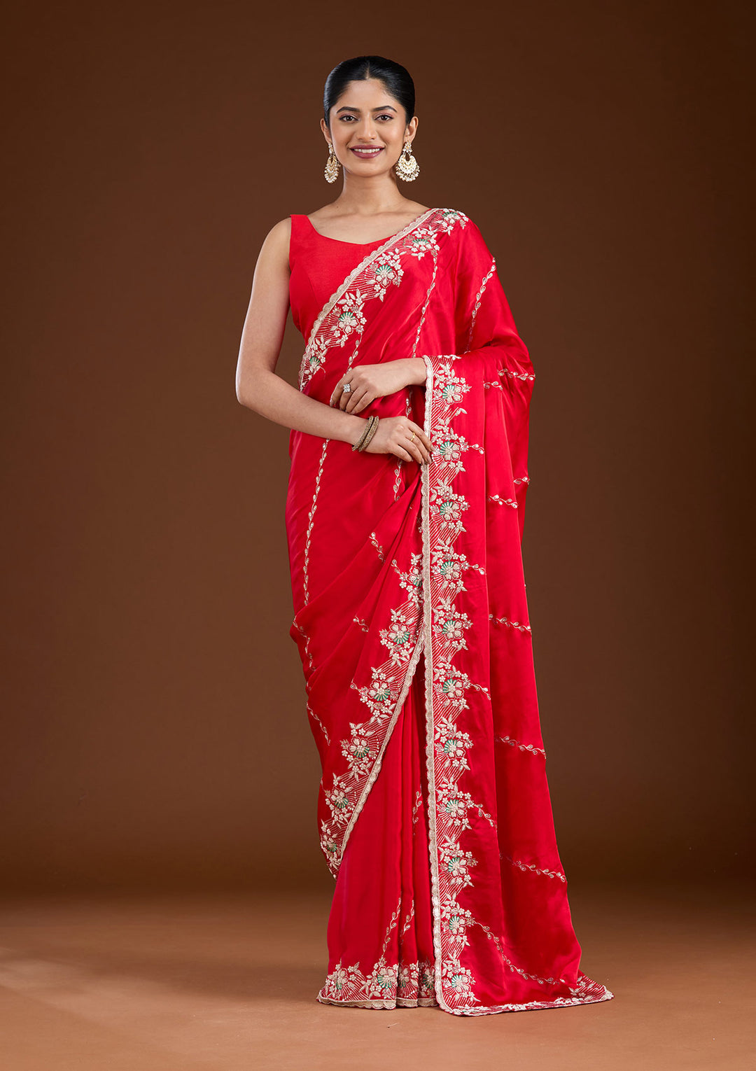 Red Aariwork Satin Saree