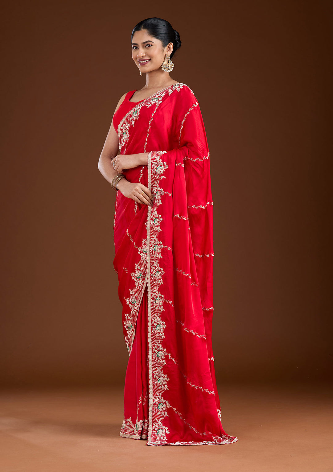 Red Aariwork Satin Saree