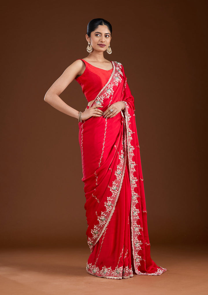 Red Aariwork Satin Saree