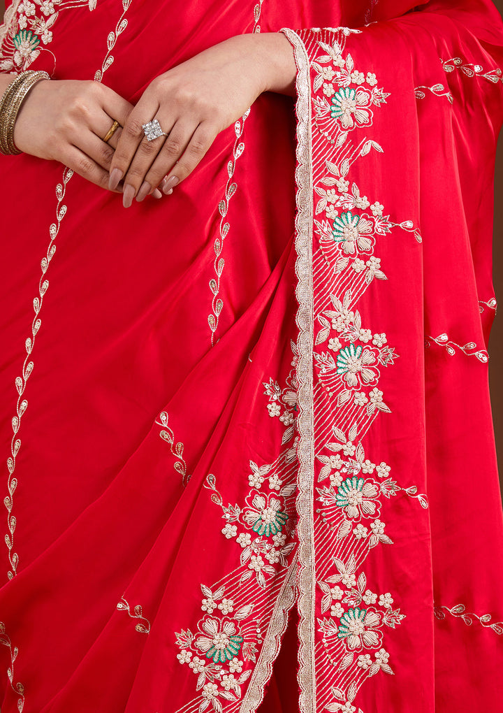 Red Aariwork Satin Saree