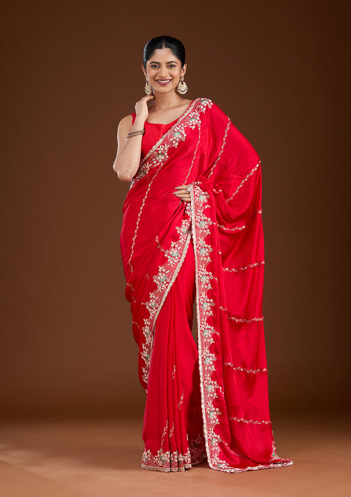 Red Aariwork Satin Saree