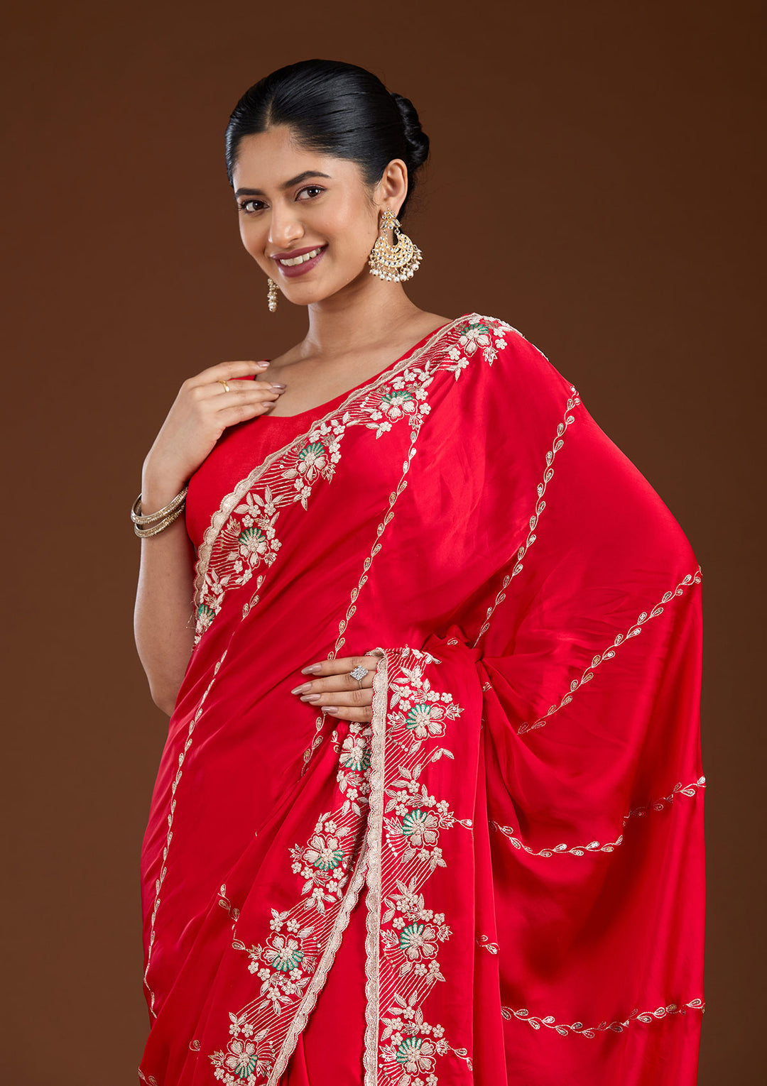 Red Aariwork Satin Saree