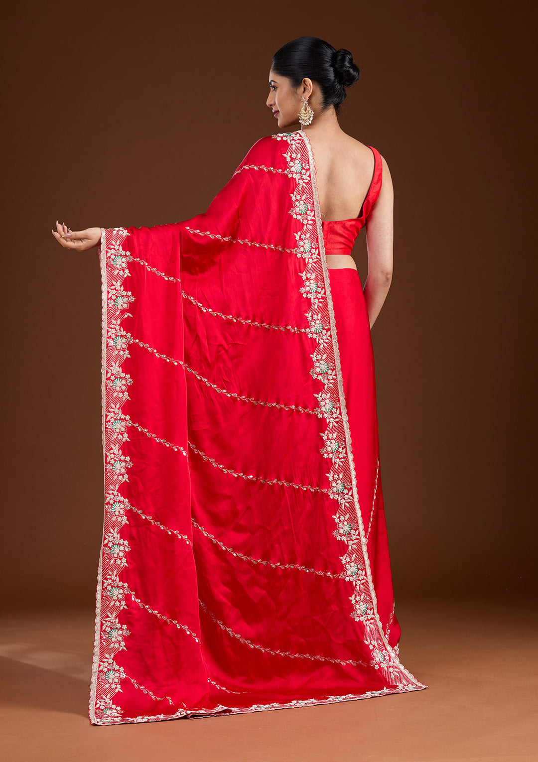 Red Aariwork Satin Saree