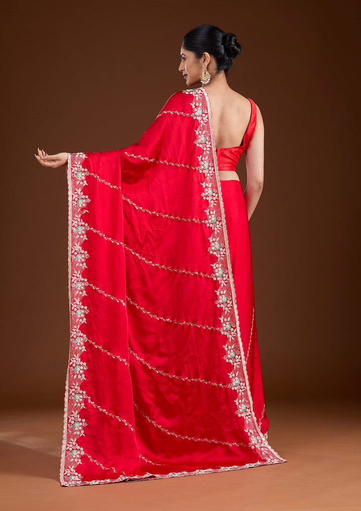 Red Aariwork Satin Saree