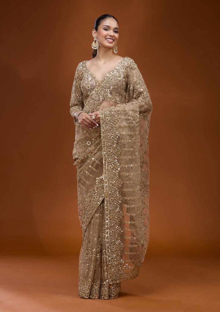 Baby Pink Net Cording Saree With Matching Blouse Piece