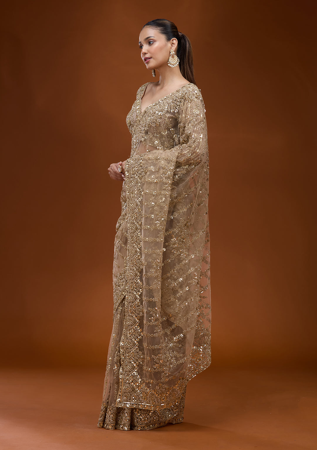 Baby Pink Net Cording Saree With Matching Blouse Piece