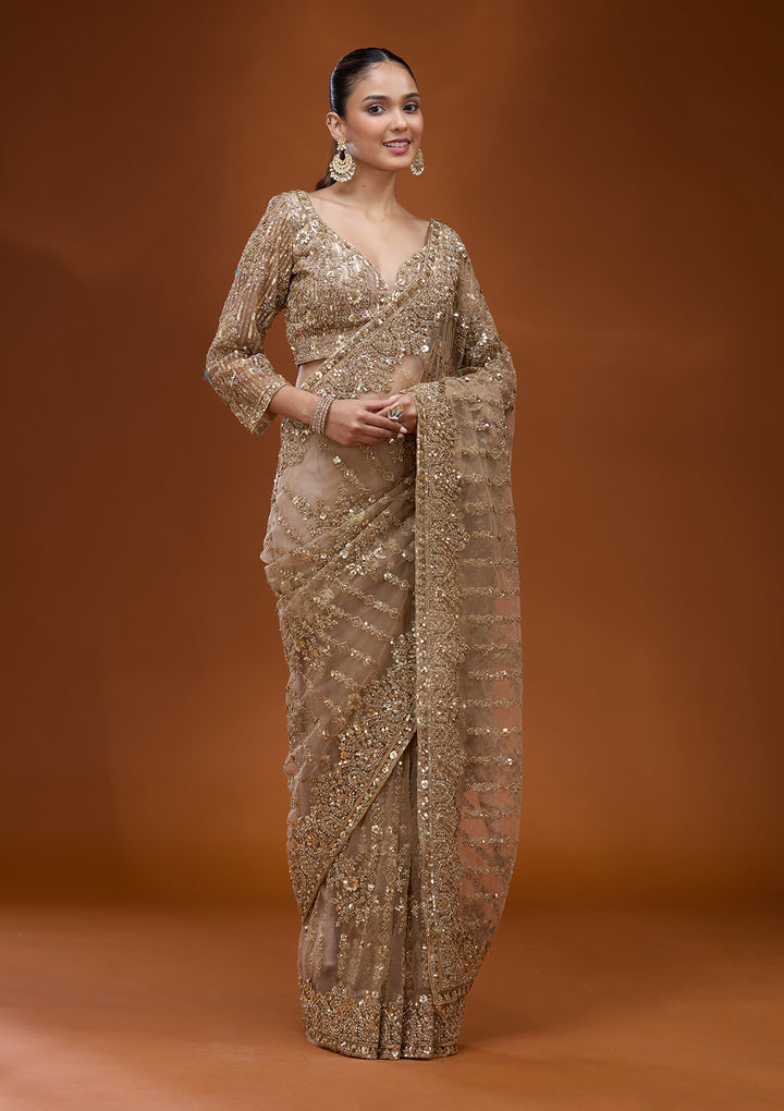 Baby Pink Net Cording Saree With Matching Blouse Piece