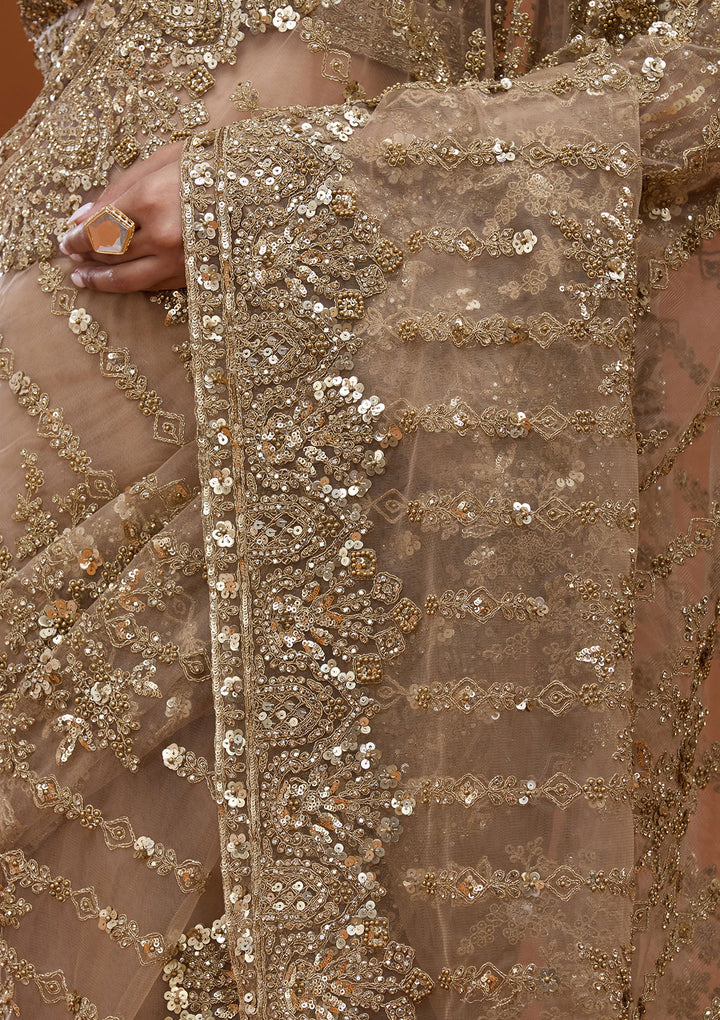 Baby Pink Net Cording Saree With Matching Blouse Piece